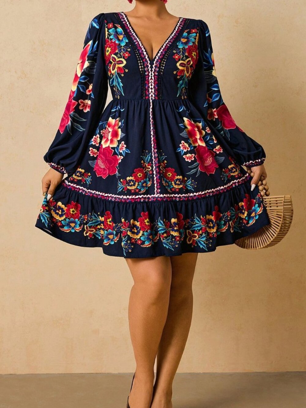 Black Boho Women's Backless Ruffle Hem Puff Sleeve V Neck A-Line Dress